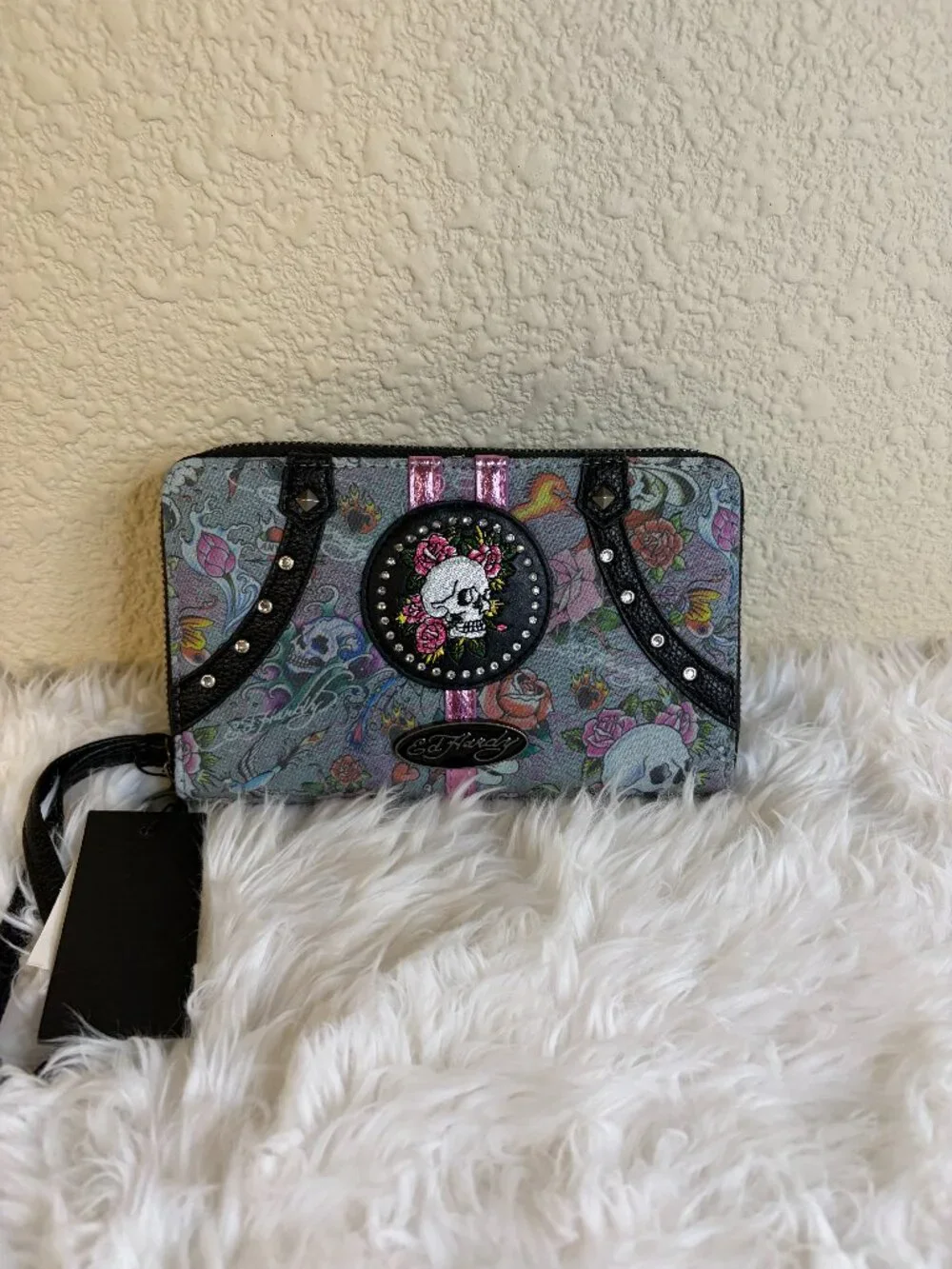 Ed Hardy Skull Rose Tattoo Double Zip Wristlet Wallet Goth Y2K Rockabilly